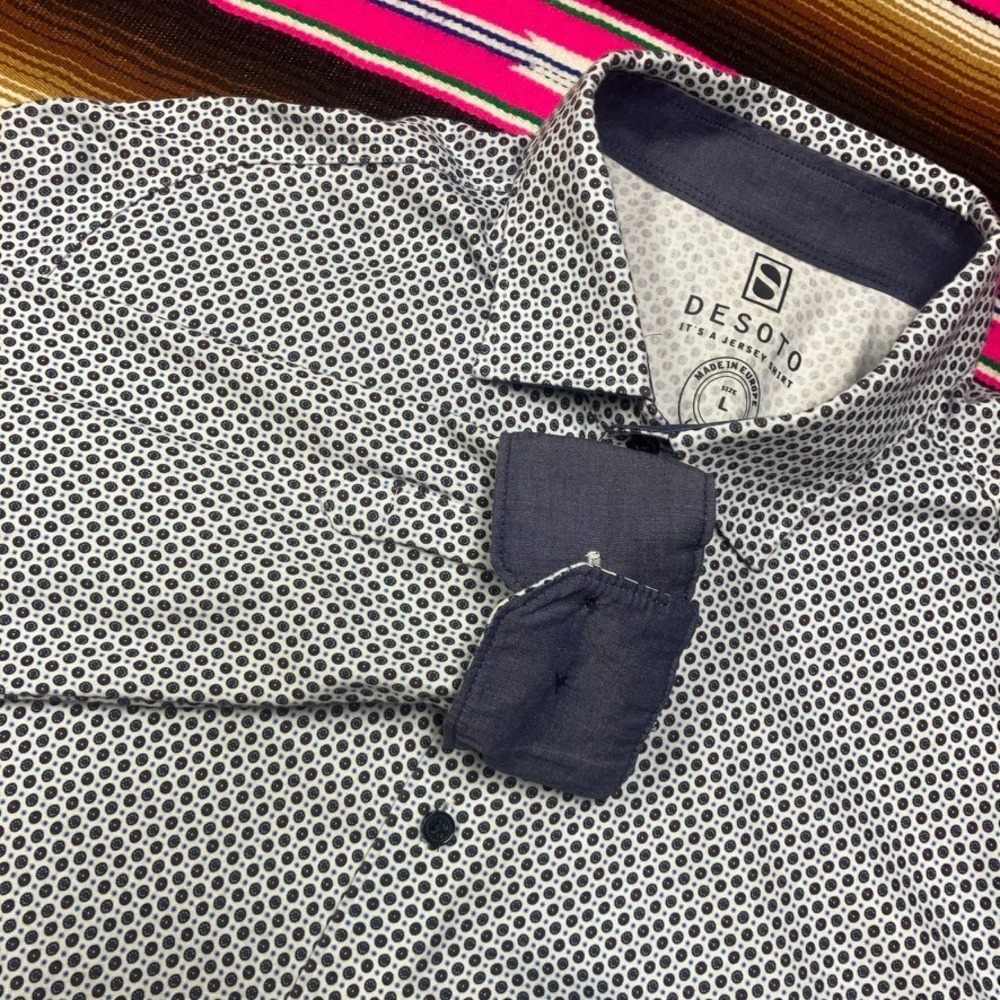 Desoto Dress Shirt Men's L Blue White Geometric Button‎ Up Sleeve Flip Cuff